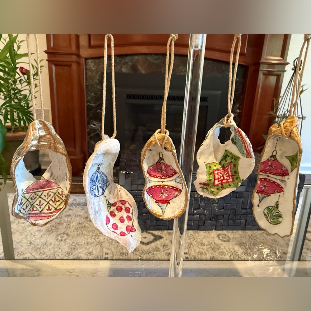 Set of 5 Handcrafted Gold and White Oyster Shell Ornaments